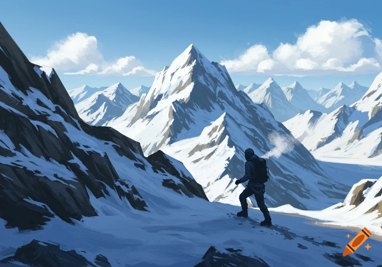 A hiker ascends a snow-covered mountain slope, with majestic snow-capped peaks in the background under a bright blue sky with scattered clouds. Stylized art.