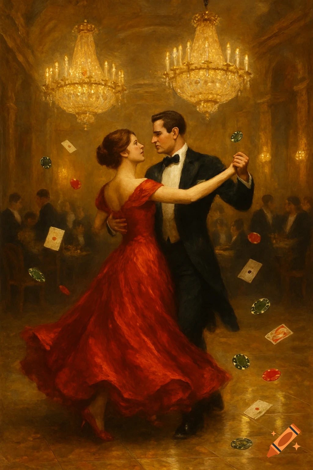 An elegant couple dances in a grand ballroom with chandeliers, poker chips, and playing cards floating around them, in an oil painting style.