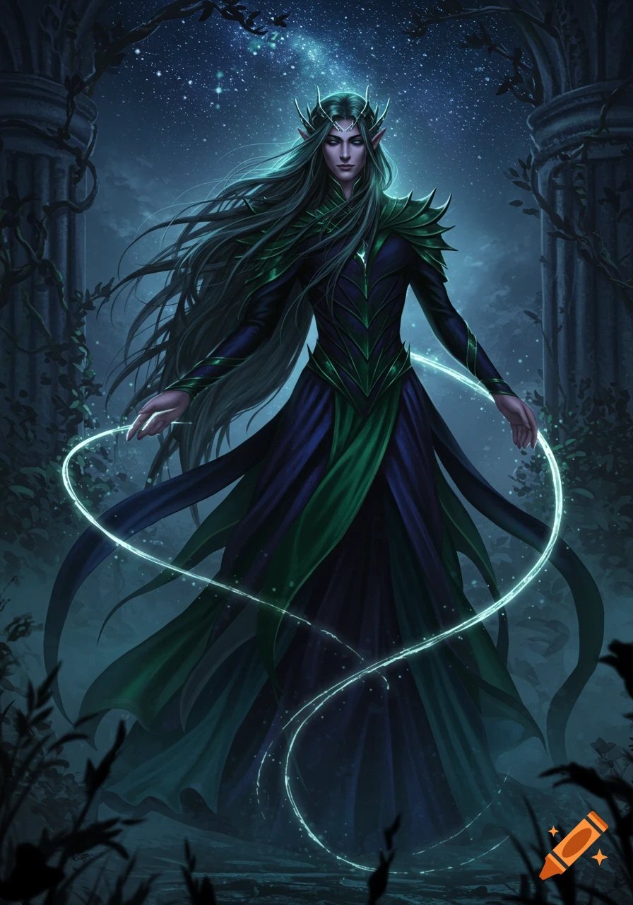 Ethereal dark elf with long green hair, wearing a blue and green gown and a crown, casting glowing magic in a moonlit forest.