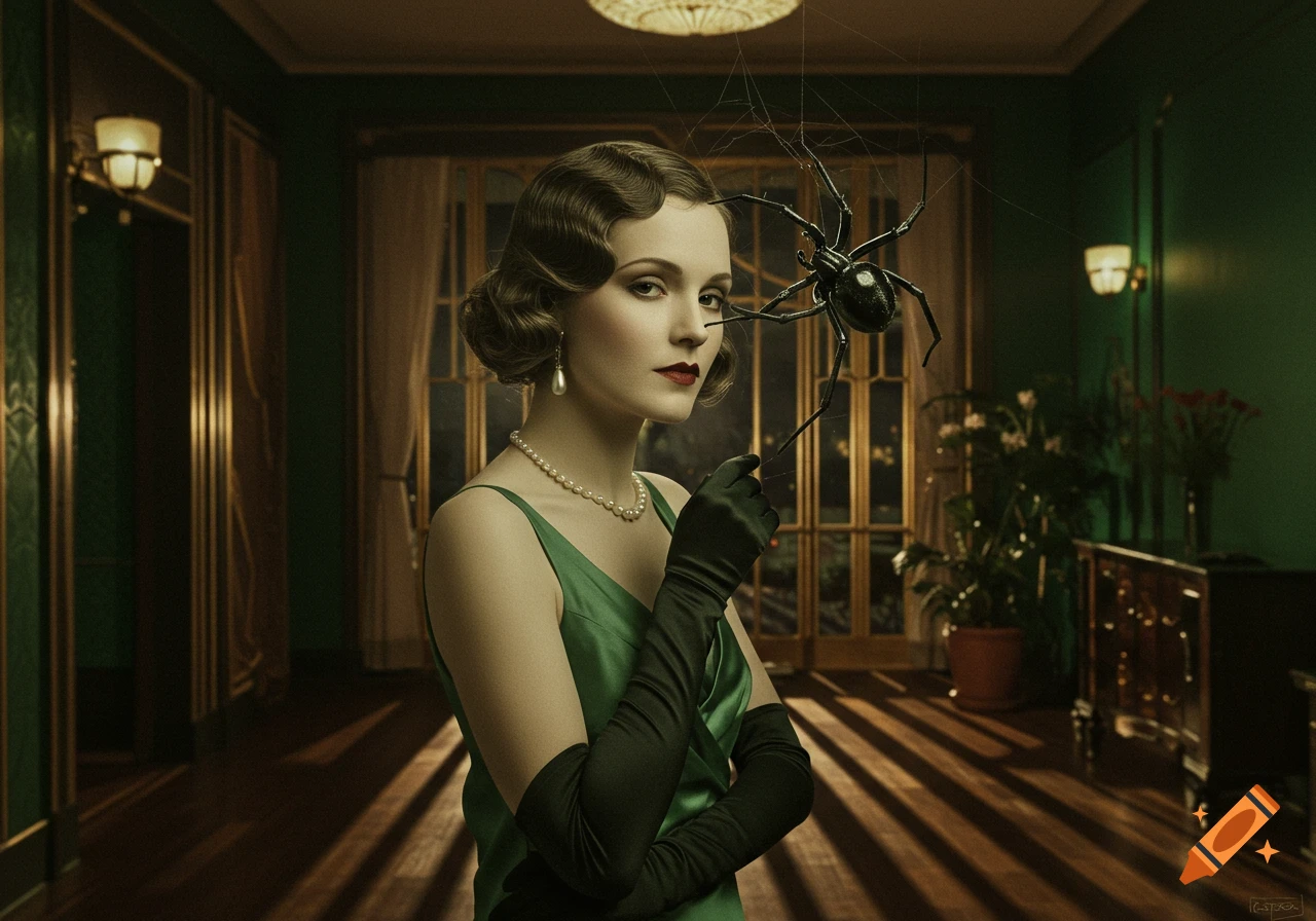 A 1930s-style woman in a green dress and long black gloves holds a large black spider on a web in an elegant room.