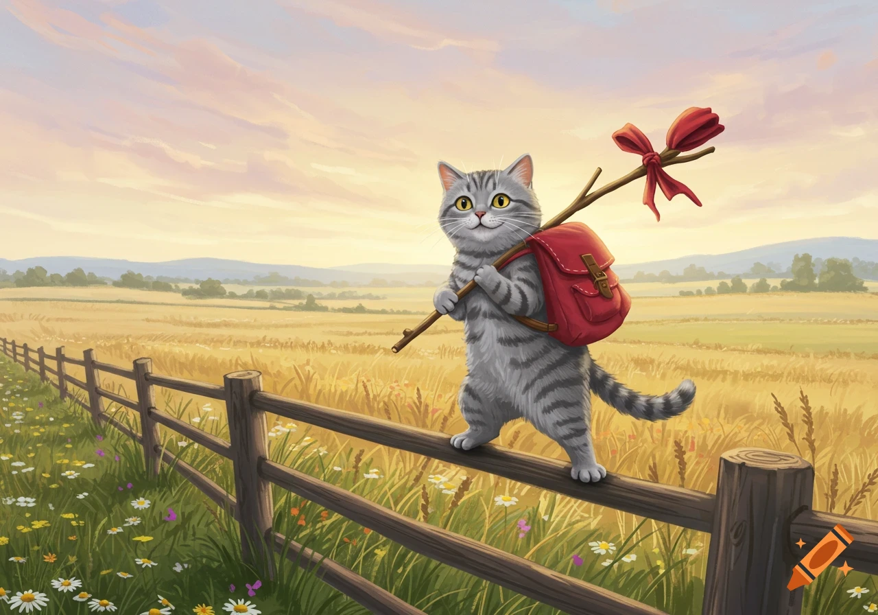 A cute, grey tabby cat with a red backpack and stick walks on a wooden fence through a golden field at sunset, illustration style.