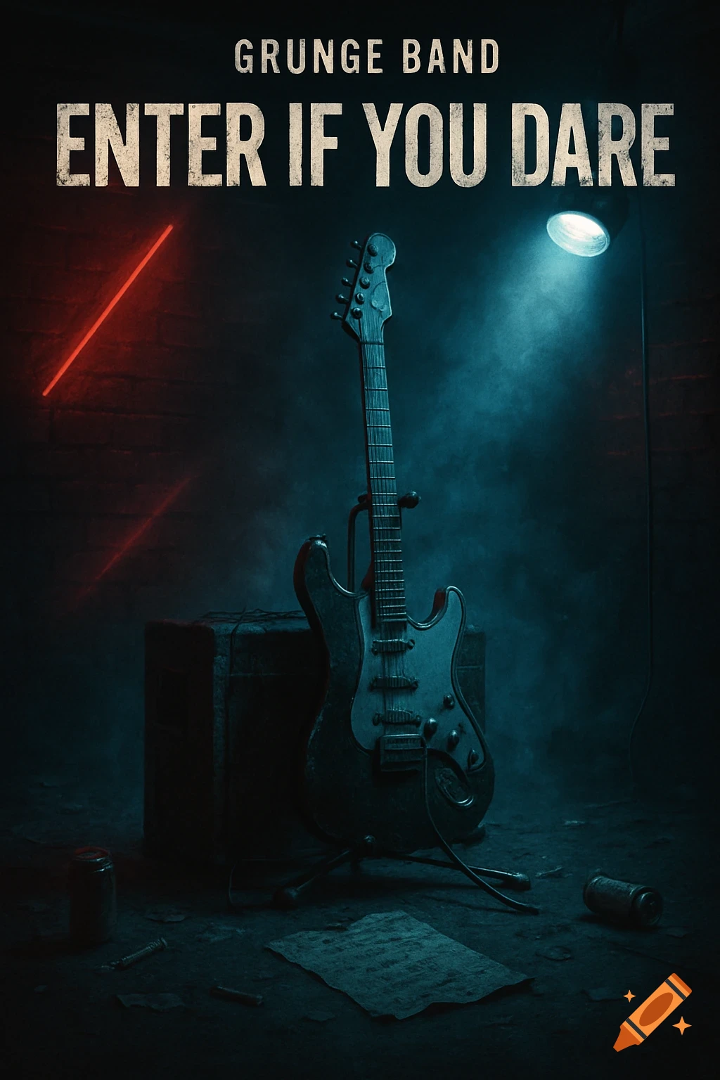 A moody, dark image featuring an electric guitar under red and blue stage lights, with 'GRUNGE BAND ENTER IF YOU DARE' text.