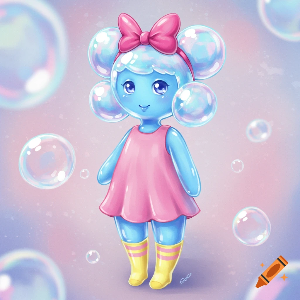 A cute blue bubble character with a pink bow, bubble hair, a pink dress, and yellow striped boots, surrounded by bubbles. Illustration.
