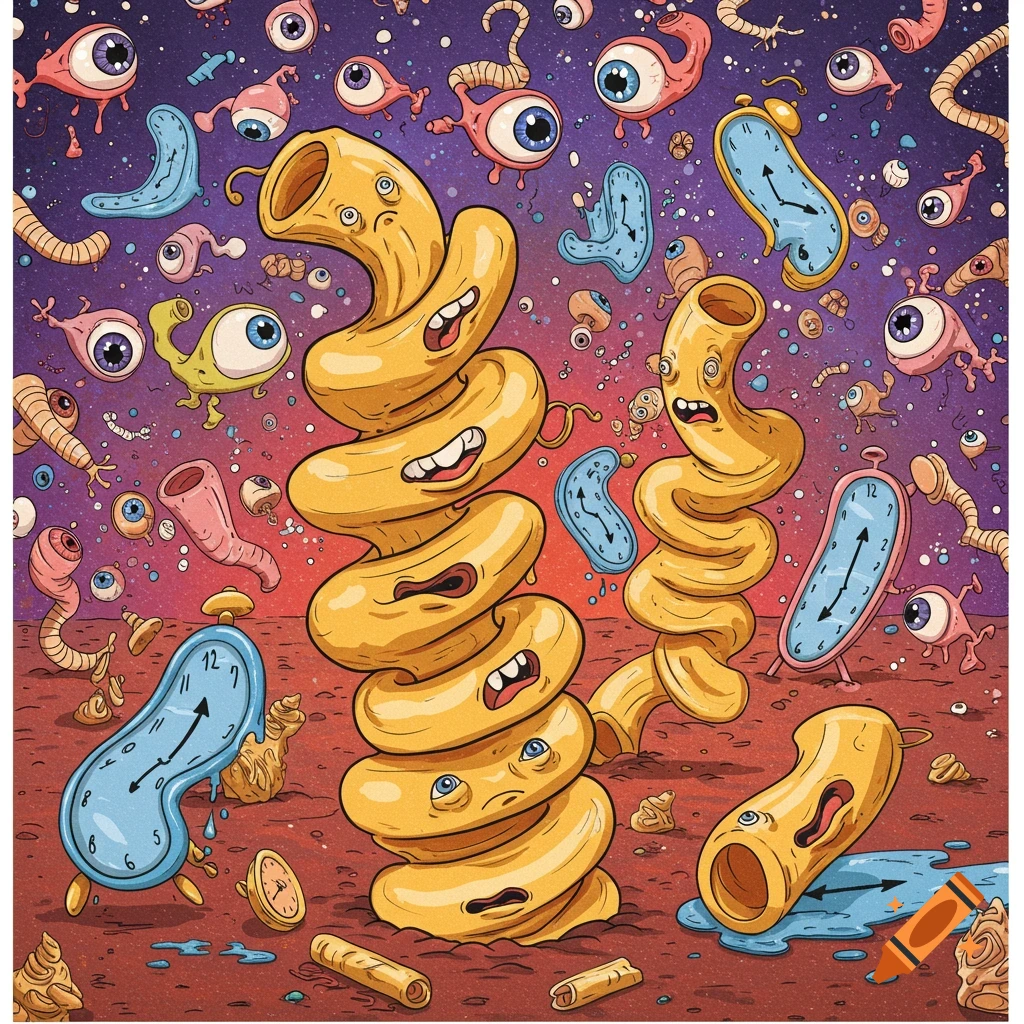 Chaotic cartoon of twisted pasta creatures with faces, floating eyeballs, and melting clocks on a surreal purple and orange background.