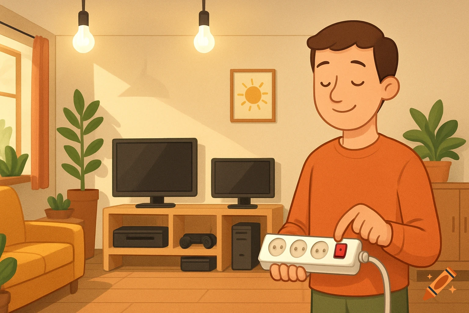 A cartoon man in a living room presses the red button on a white power strip, with TVs and electronics in the background.