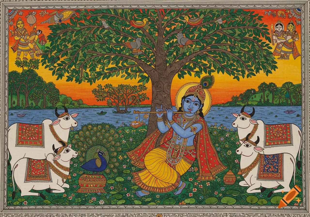 Shri Krishna playing a flute under a tree by a river, surrounded by cows and a peacock, in Madhubani art style.