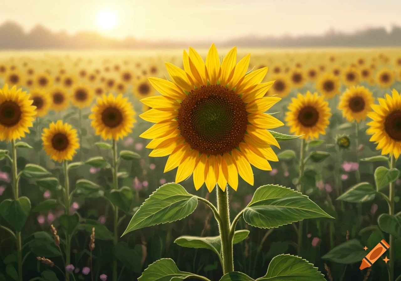 A vibrant sunflower field at sunrise, with a large, bright sunflower in the foreground.