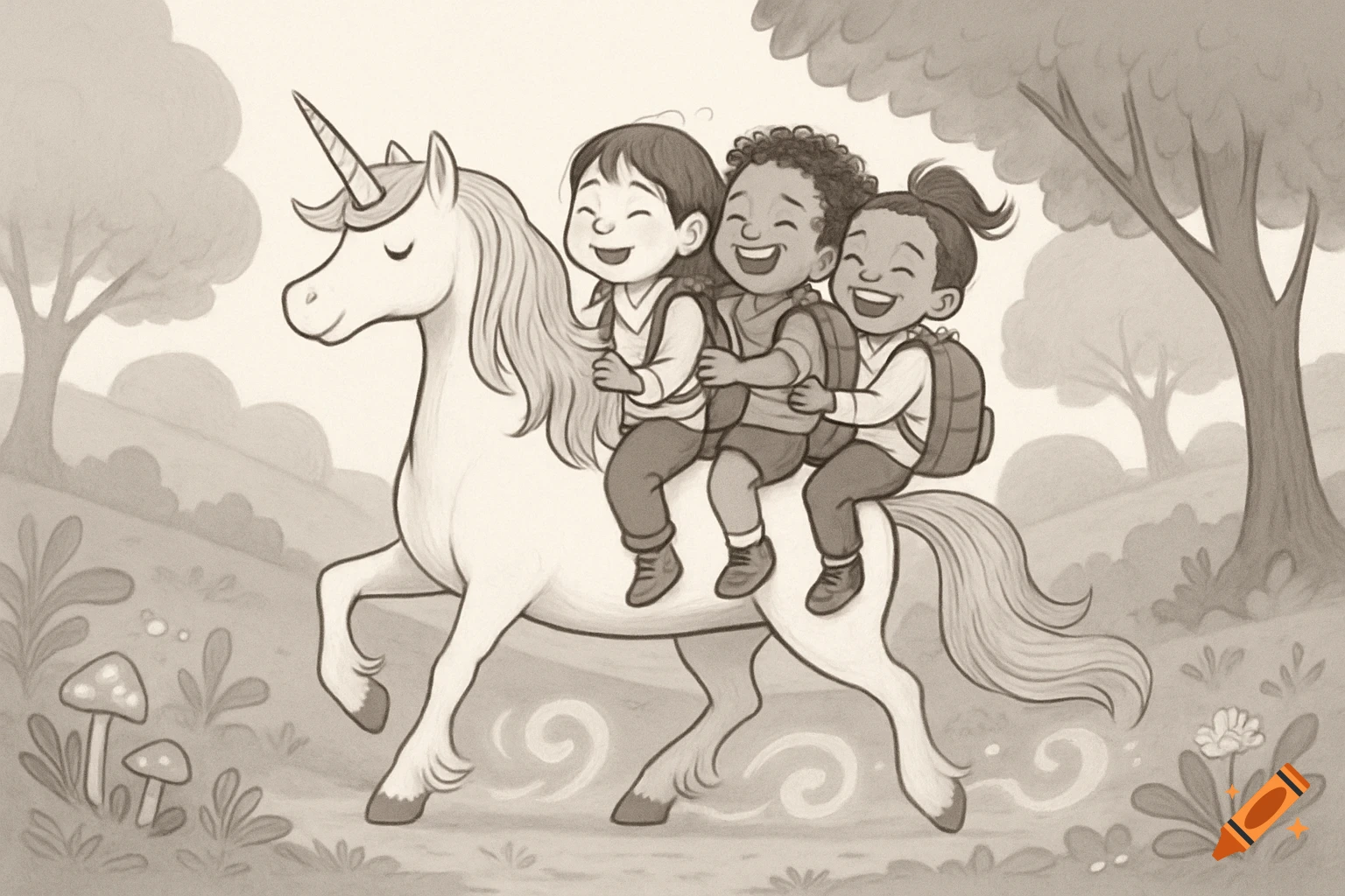 Grayscale illustration of three diverse children with backpacks, laughing joyfully while riding a unicorn through a whimsical forest.