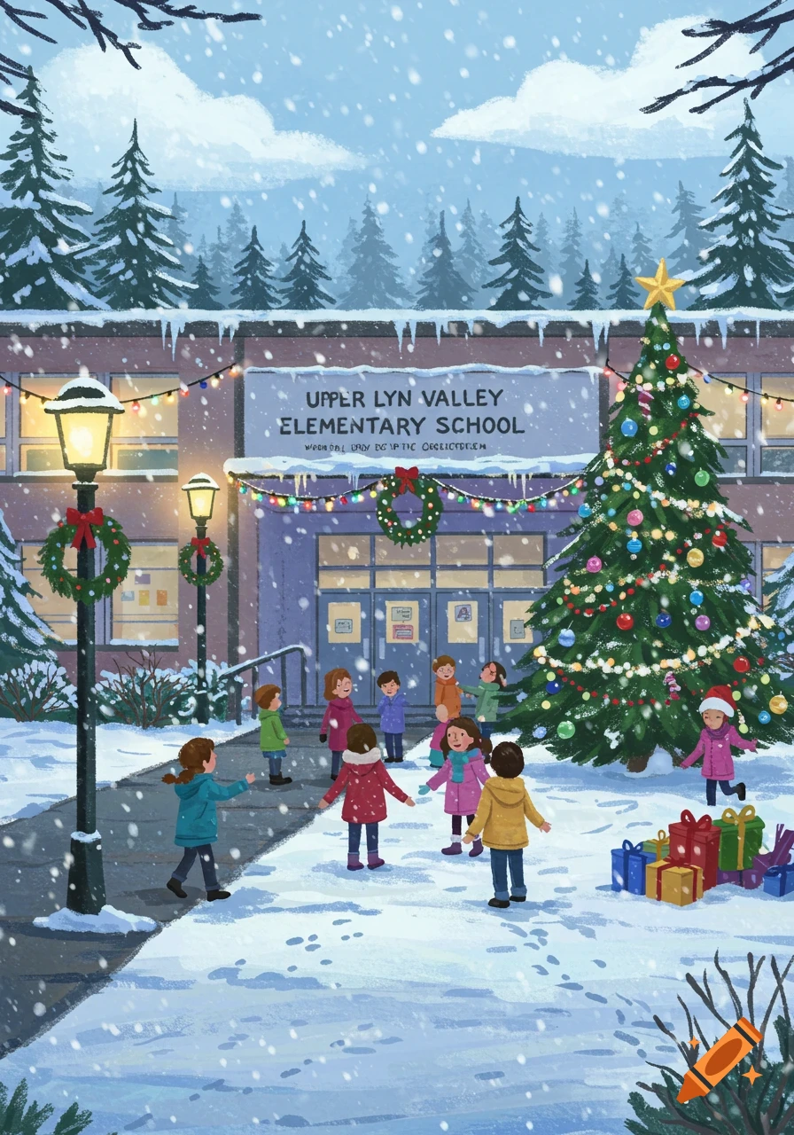 An elementary school in winter, decorated for Christmas. Children in colorful coats play in the snow, with a large Christmas tree and streetlights adorned with wreaths.