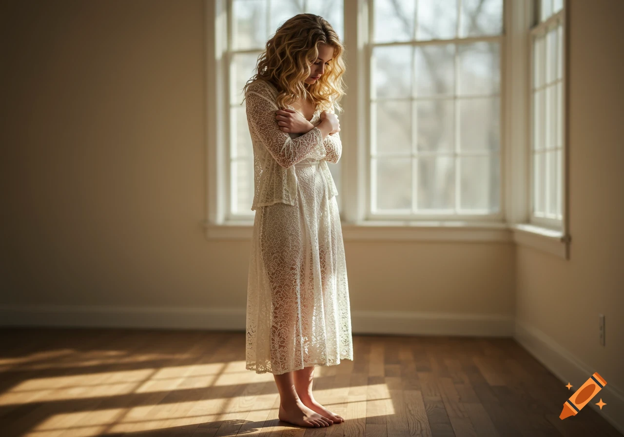 A blonde woman in a sheer white lace dress, barefoot, embraces herself in a sunlit room by large windows.