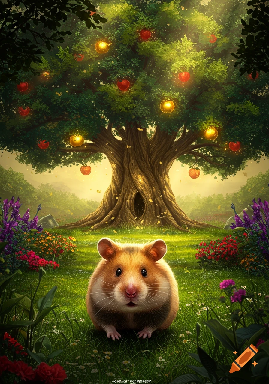 A cute hamster sits in a vibrant fantasy garden with colorful flowers and a large tree bearing glowing red and gold apples.