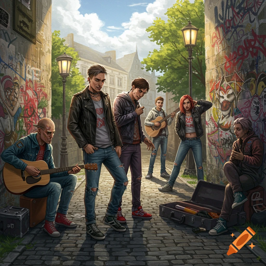 A stylized illustration of a street band playing in a graffiti-covered urban alley.