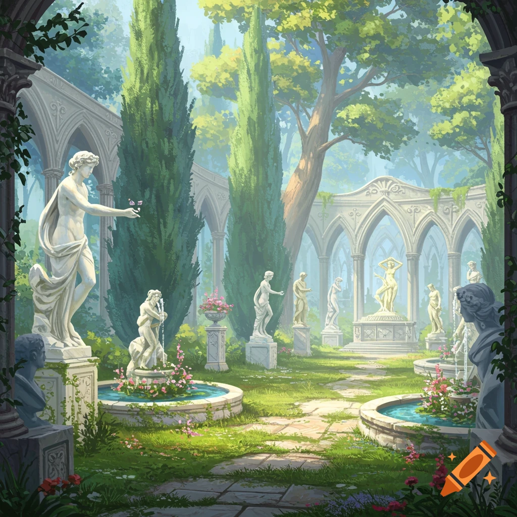 A lush, painterly garden filled with classical statues, fountains, and ancient stone architecture under a soft sky.