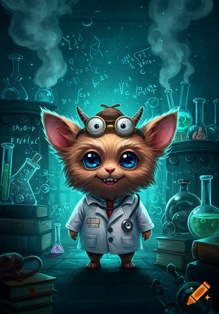 A cute furry creature wearing a lab coat and goggles stands in a mysterious laboratory with beakers and formulas on the wall, in a cartoon style.