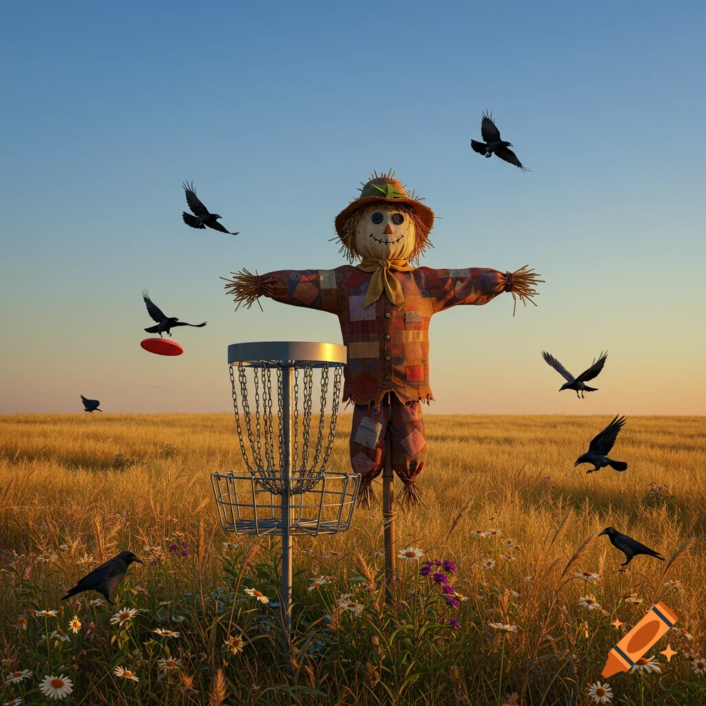 A photorealistic image of a scarecrow standing next to a disc golf basket in a golden field at sunset, with several crows flying and standing around.