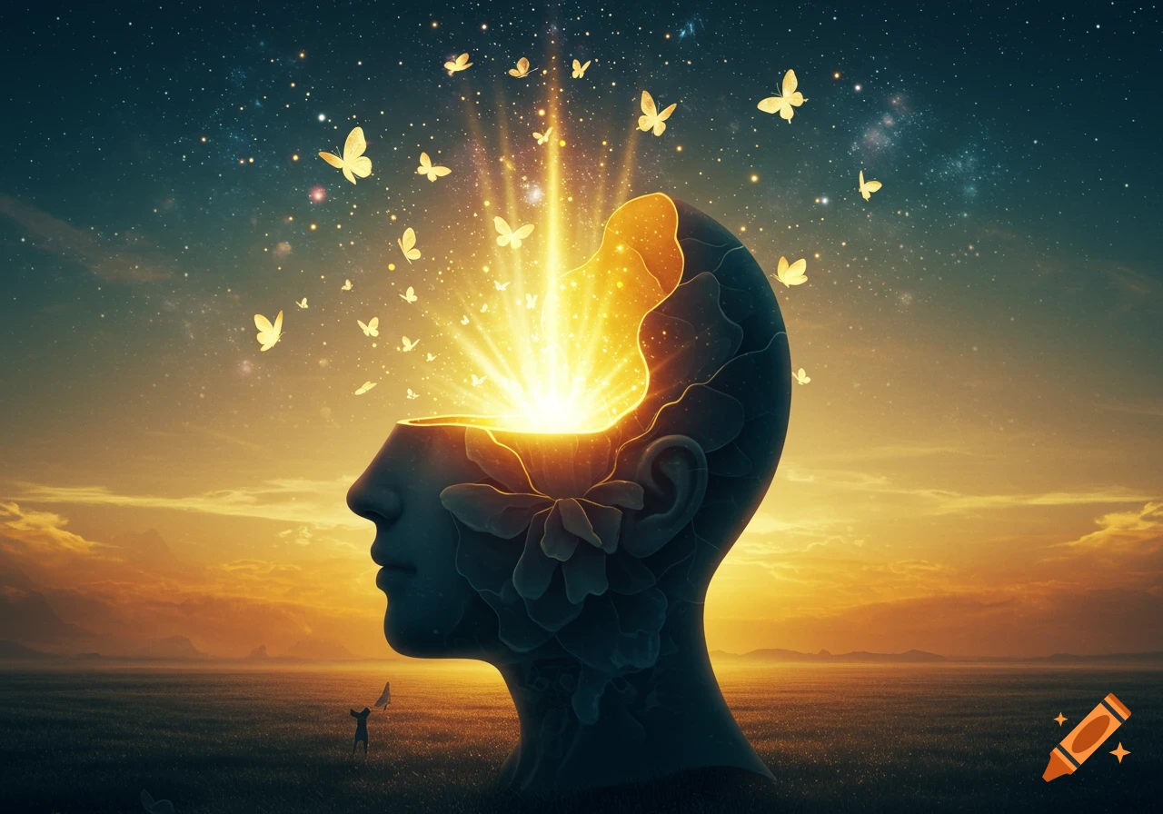 Conceptual art of a head silhouette with light and golden butterflies emerging from an open mind against a cosmic sunset.