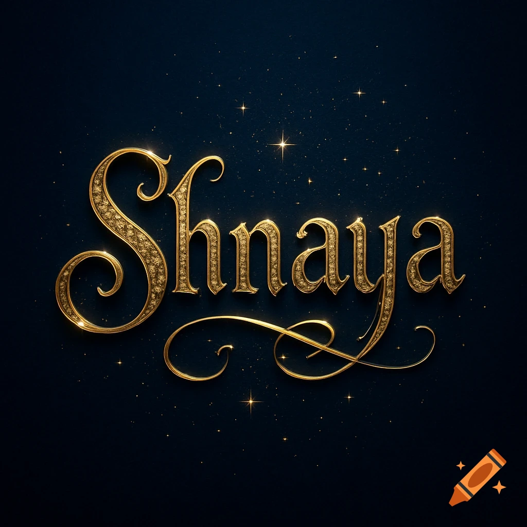 Golden ornate calligraphic text spelling 'Shnaya' against a dark blue, starry background.
