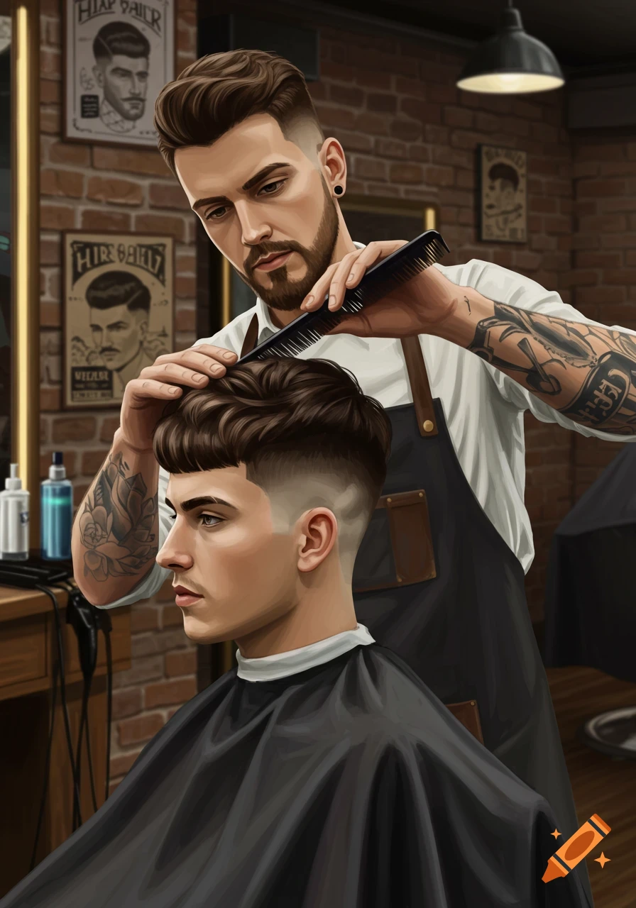 A male barber with tattoos cuts a young man's dark brown hair in a stylish barbershop with brick walls and posters, digital art.