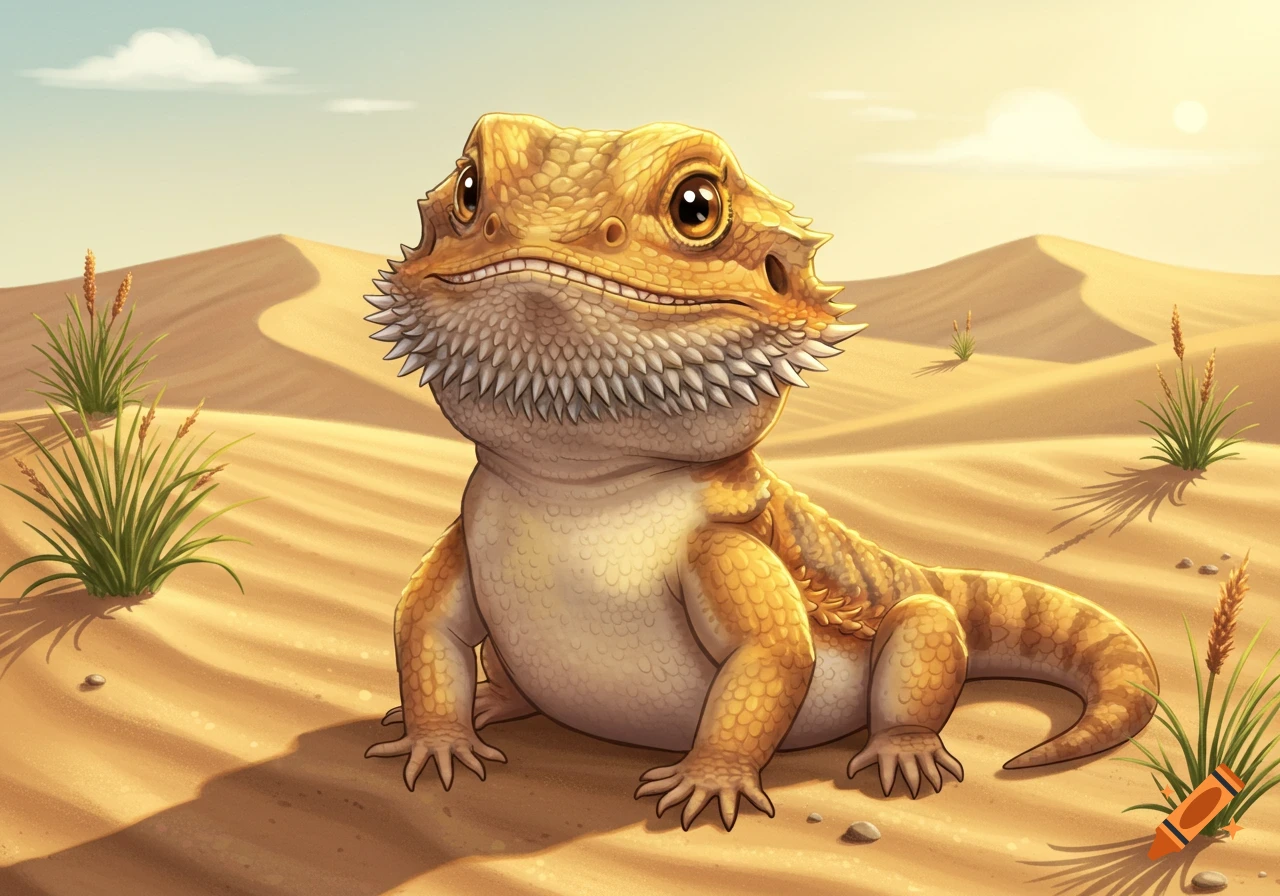 A cute, smiling, cartoon bearded dragon sits in a sandy desert with dunes under a blue sky.