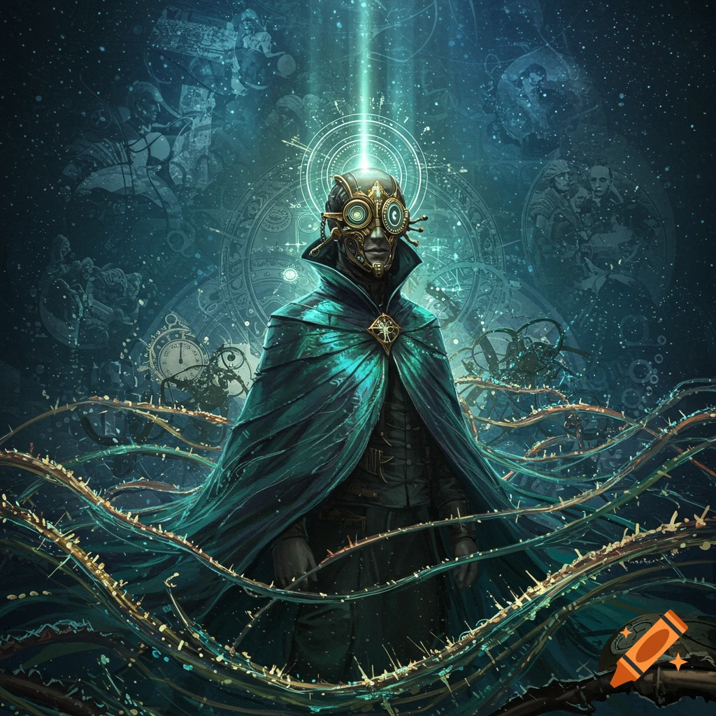 A masked figure in a teal cape stands amidst glowing, thorny vines, illuminated by a beam of light, against a cosmic, clockwork background.