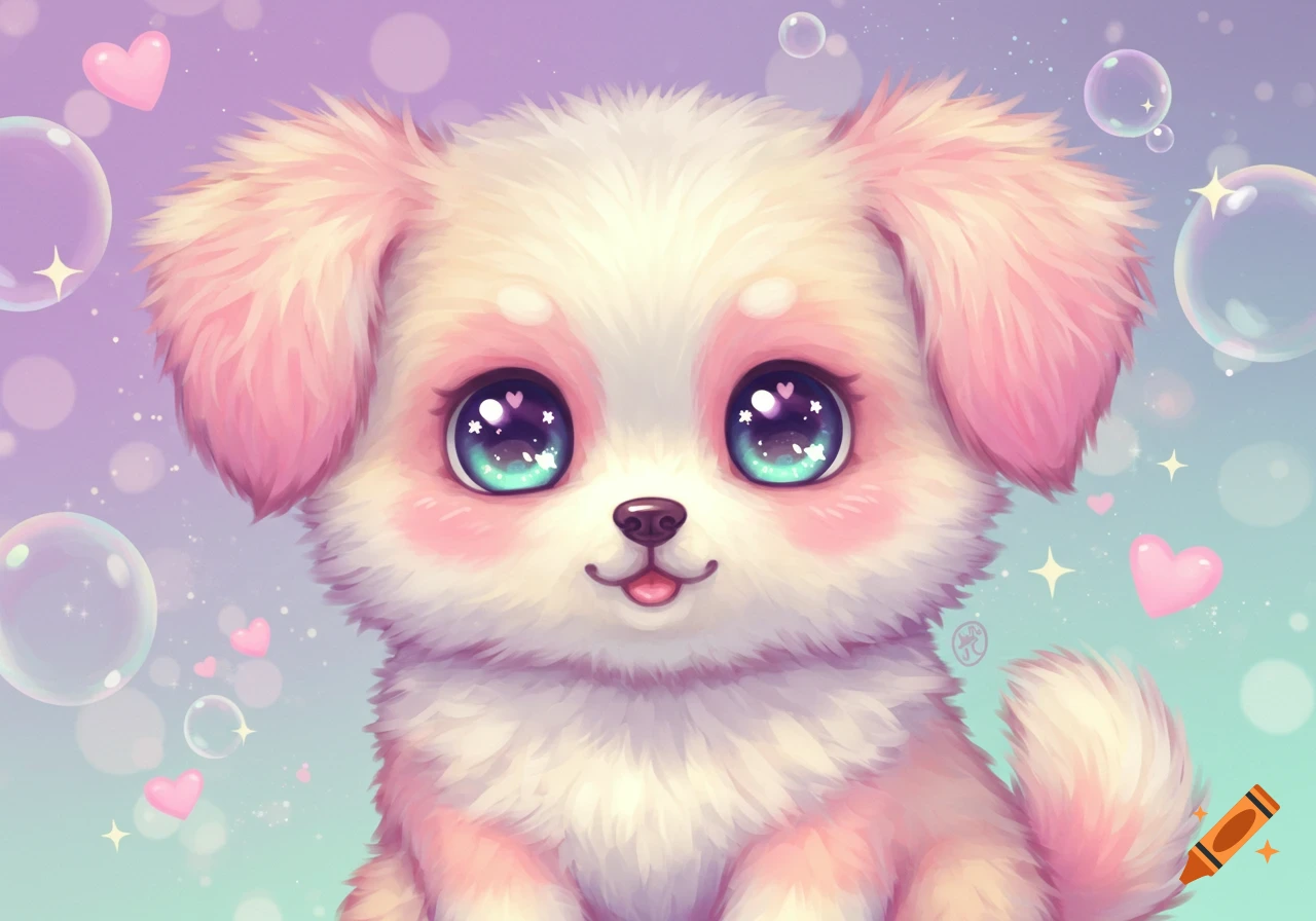 Close-up, cute, fluffy pink and white puppy with sparkling blue eyes, surrounded by bubbles and hearts on a pastel background in anime style.