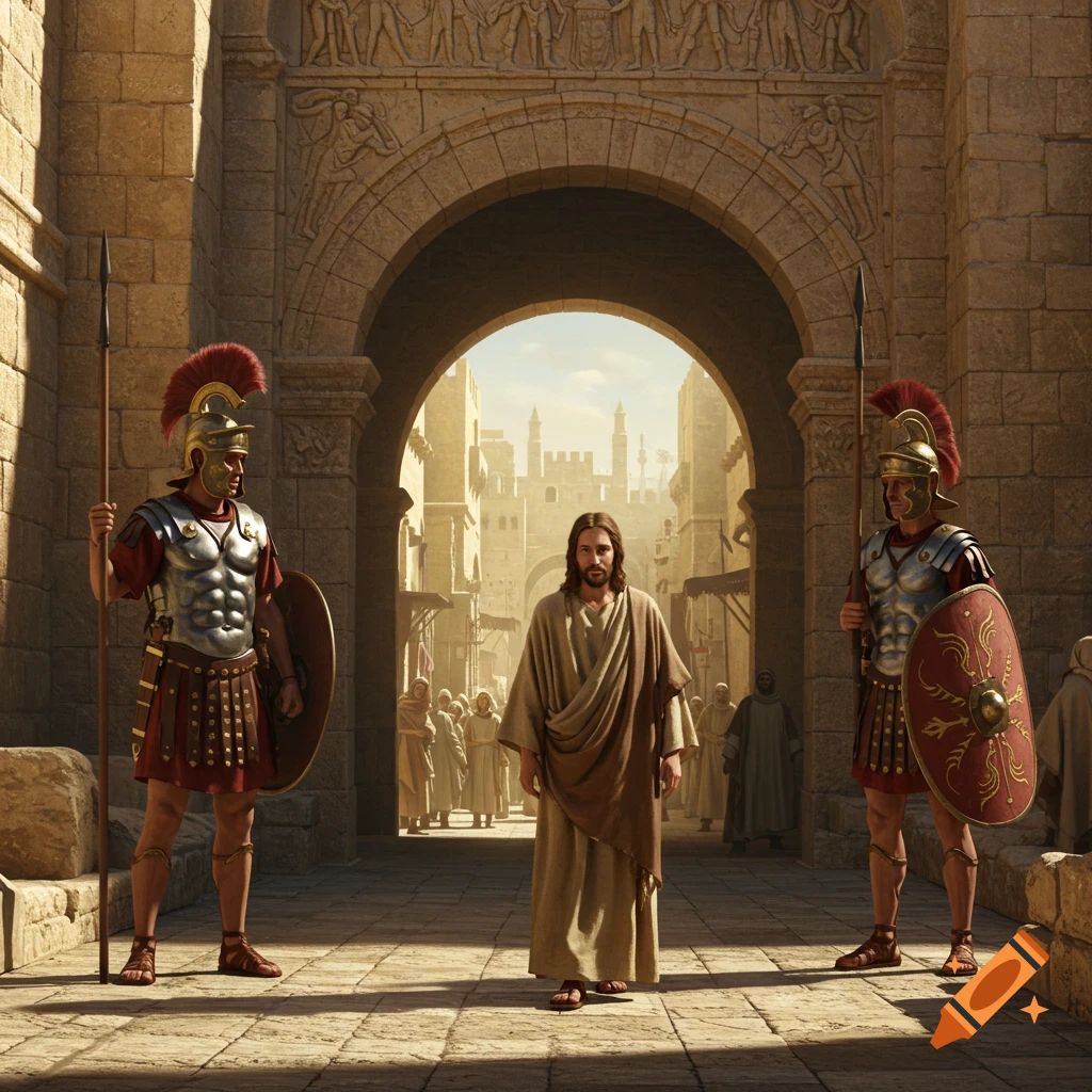 Jesus stands between two Roman soldiers under an ornate archway in an ancient city street with people in the background.