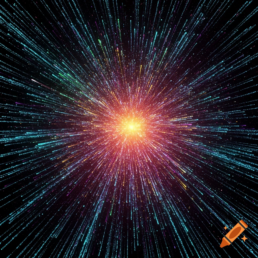 Vibrant multicolored light streaks radiate from a bright central point against a dark background, resembling a starburst or data flow.