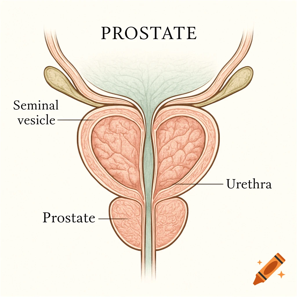 Detailed anatomical diagram of the prostate gland, seminal vesicle, and urethra, with labels.