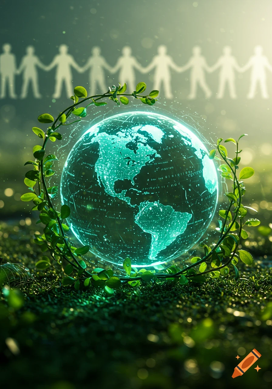 A glowing digital earth globe intertwined with green leaves, on grass, with silhouetted people holding hands in the background. Photorealistic style.