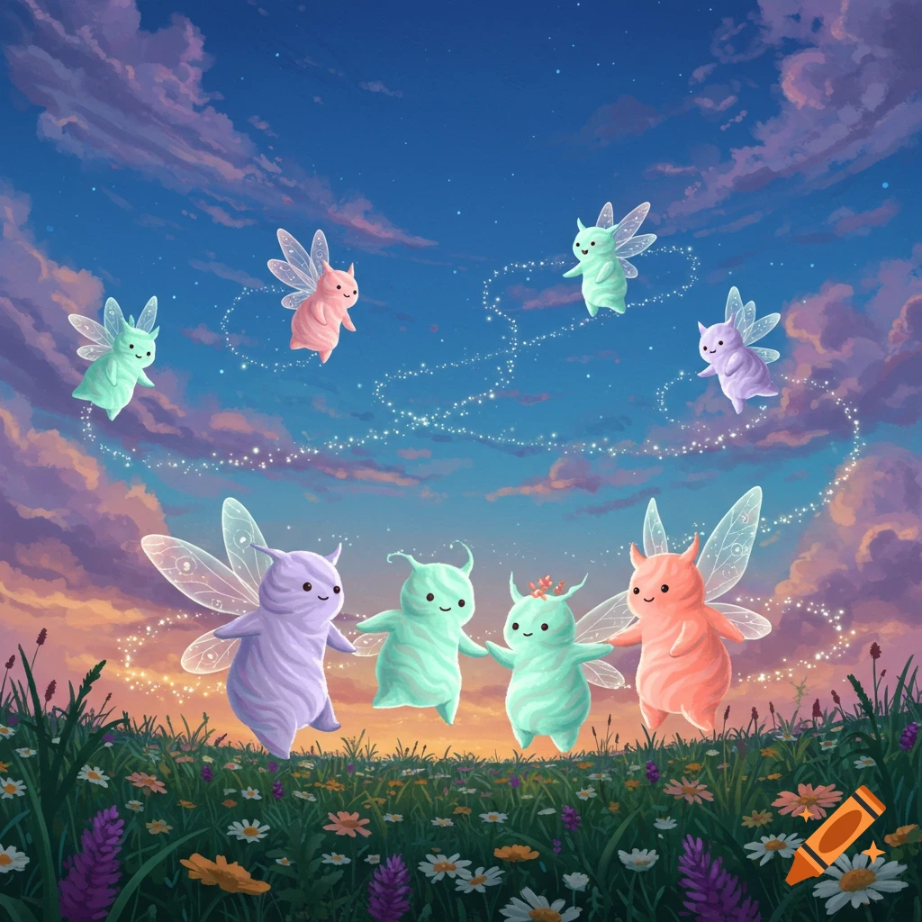 Whimsical illustration of cute, colorful, winged fairy-like creatures flying and dancing in a wildflower meadow under a vibrant sunset sky.
