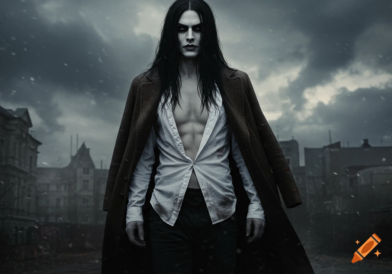 Photorealistic portrait of a pale goth man with long black hair, dark eyes, unbuttoned white shirt, and a brown coat, standing in a stormy, snowy urban setting.