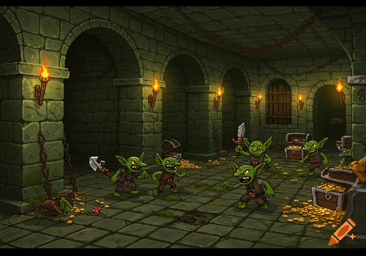 Pixel art scene of goblins in a torch-lit dungeon with treasure chests, in an 80s video game style.