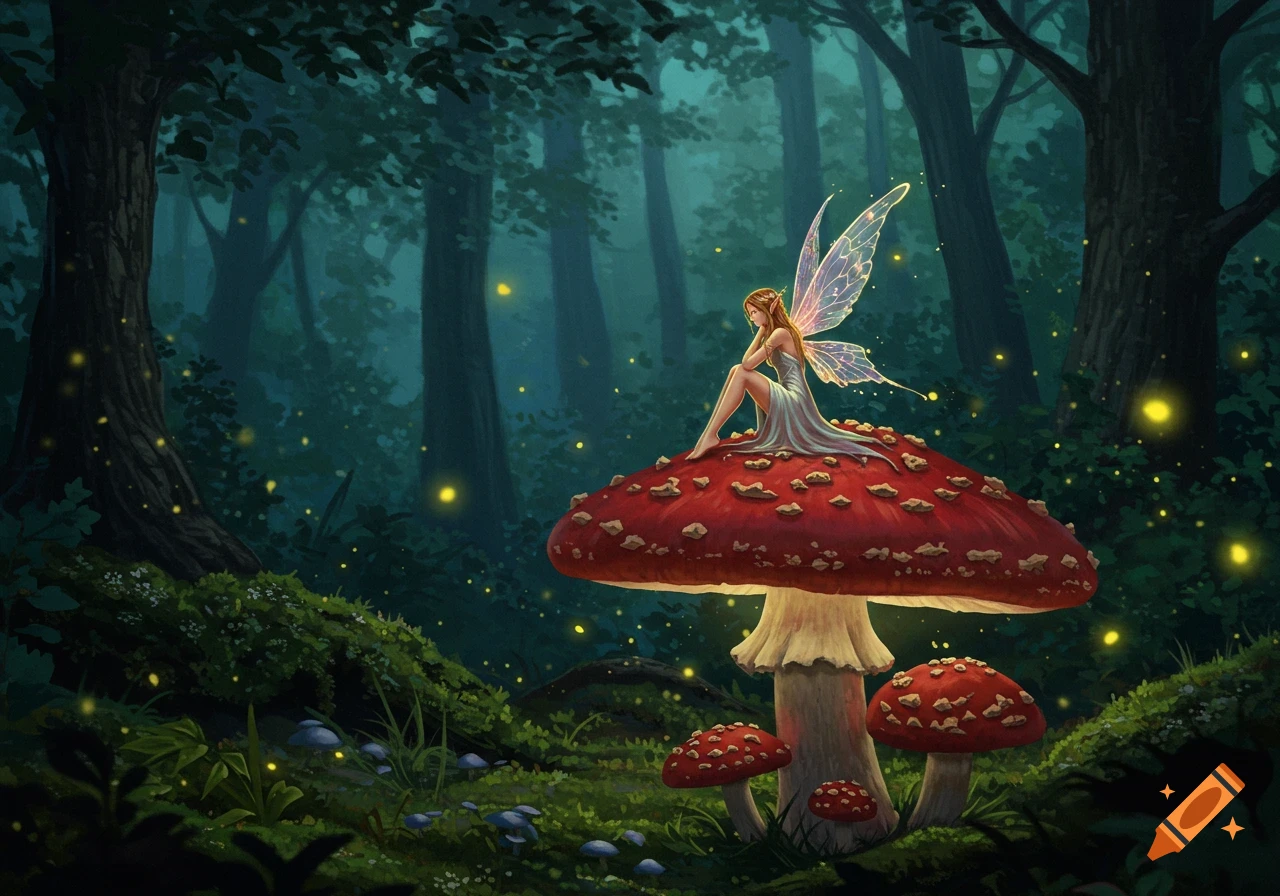 A fairy with glowing wings sits on a large red mushroom in a dark, enchanted forest with fireflies.