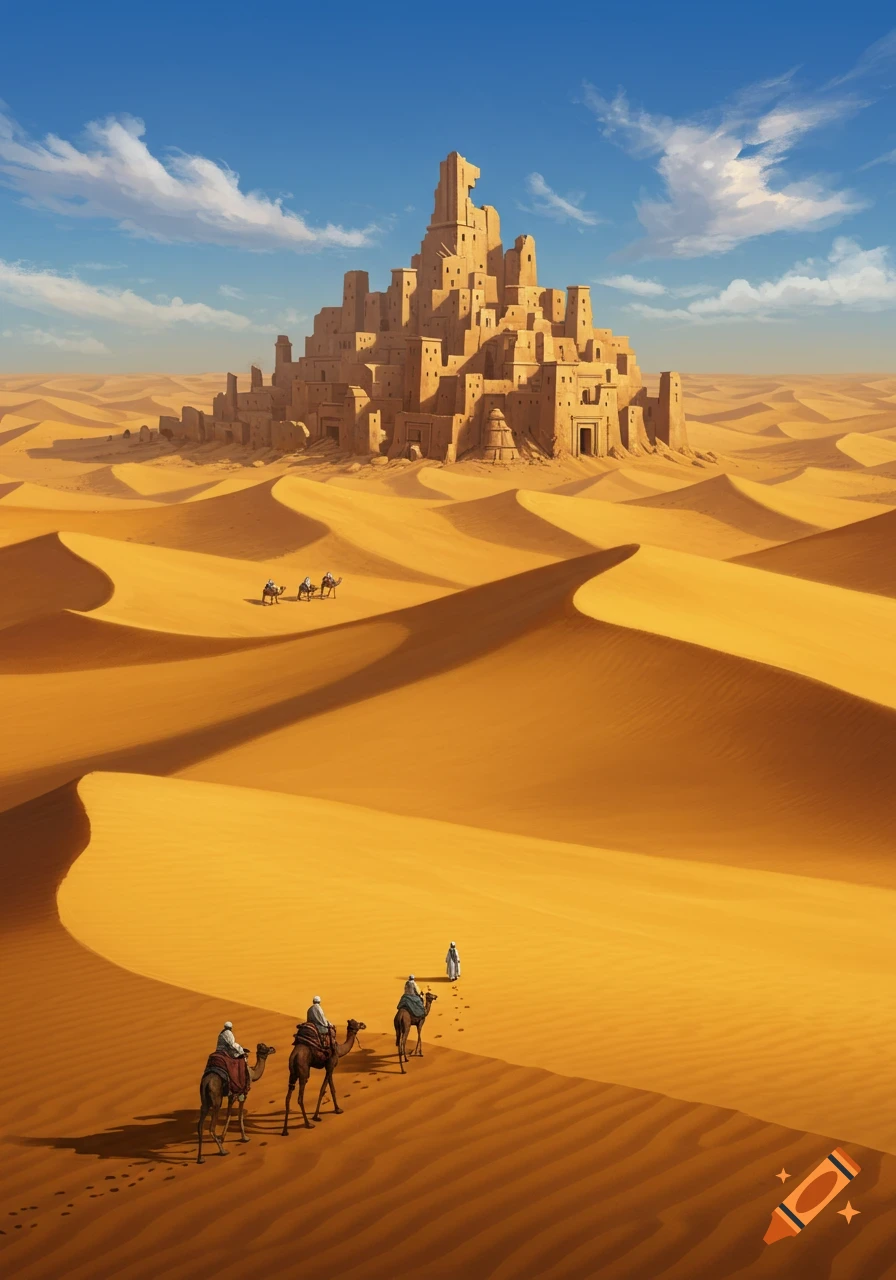 A vast desert landscape features a towering ruined city and travelers on camels under a clear blue sky. Digital painting.