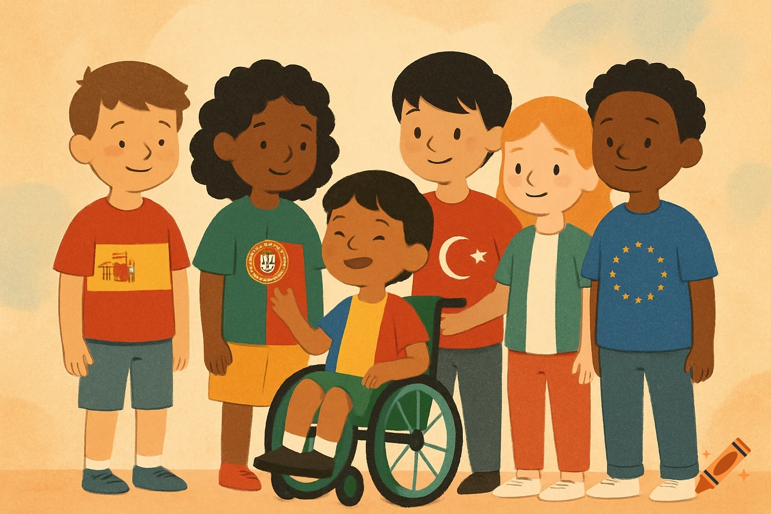 Cartoon illustration of six diverse children, one in a wheelchair, wearing t-shirts with national flags, including Spain, Portugal, Turkey, and the EU, against a warm background.