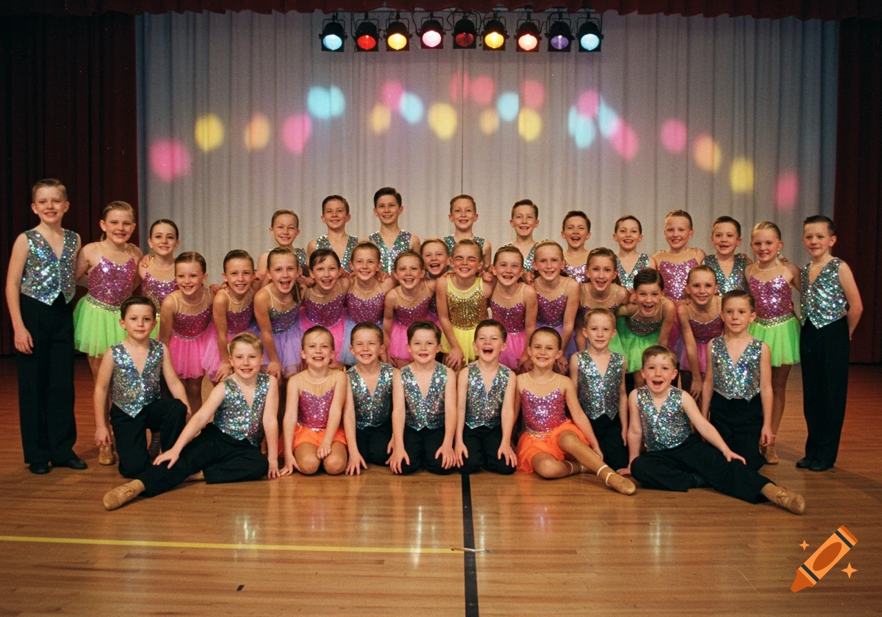 Large group of smiling preteen dancers in sparkly costumes pose on a stage with colorful lights in a 1997 photo.