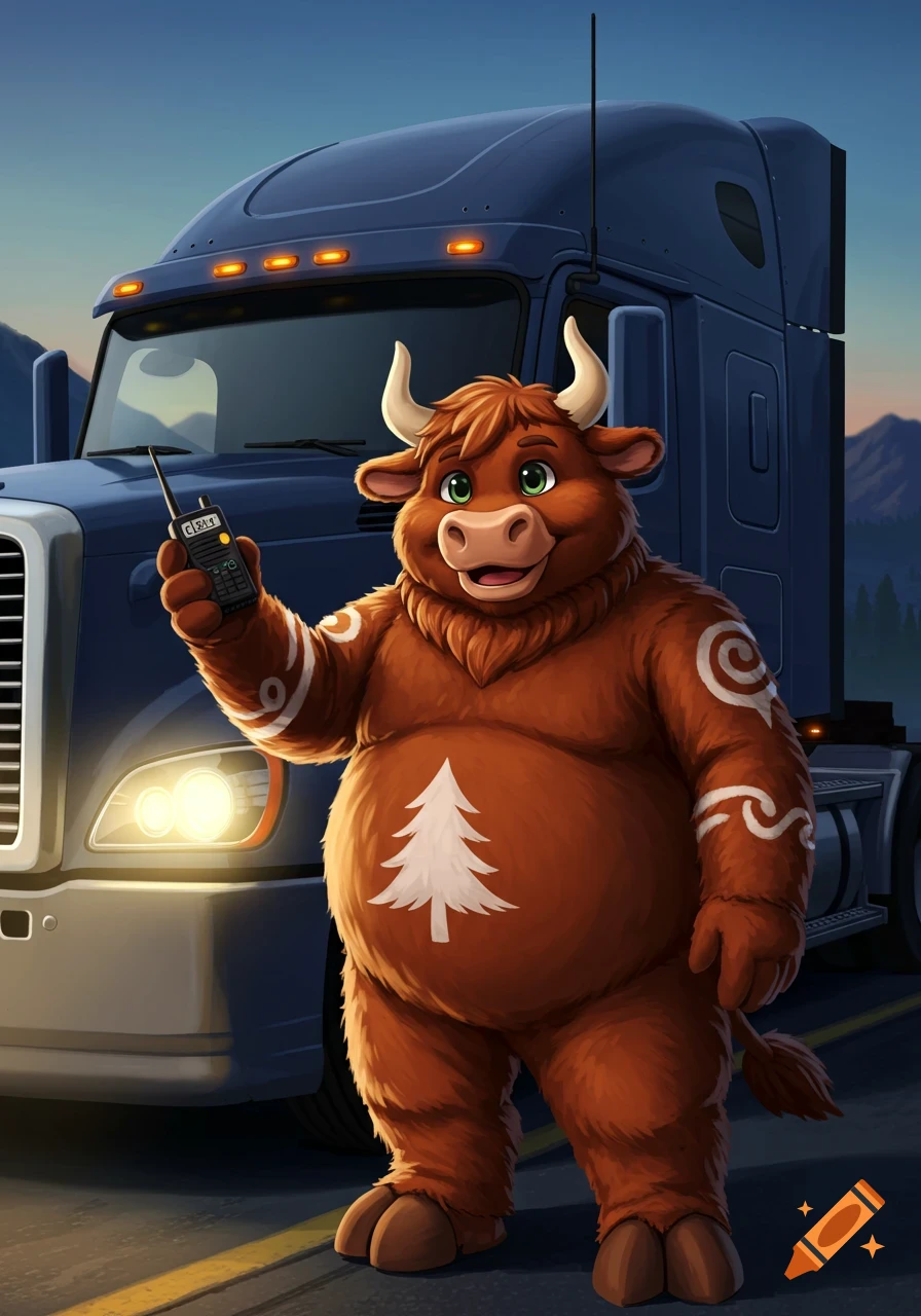 A friendly, happy, ginger bull cartoon character holding a CB radio, standing in front of a blue semi-truck.