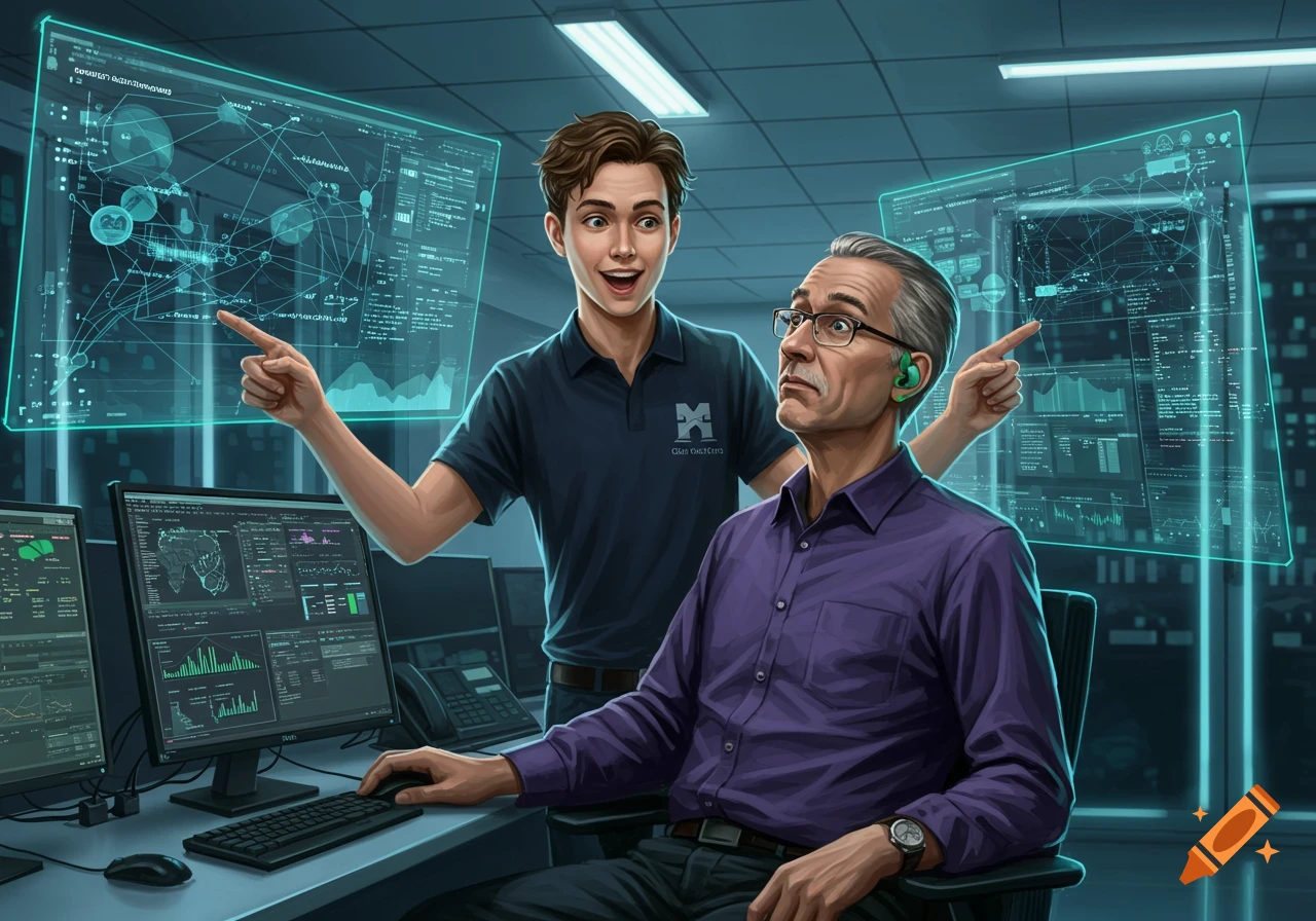 Two men, one young and one older, in a high-tech control room with multiple computer screens and holographic displays. The younger man, in a polo shirt, points at a holographic screen while the older man, in a purple shirt, sits at a desk, looking up in a puzzled expression. Illustrated style.