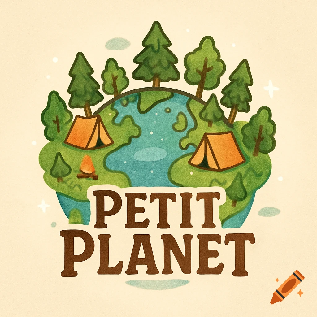 Cartoon logo of a small planet with trees and camping tents, text 'PETIT PLANET' below. Stylized with a textured look.