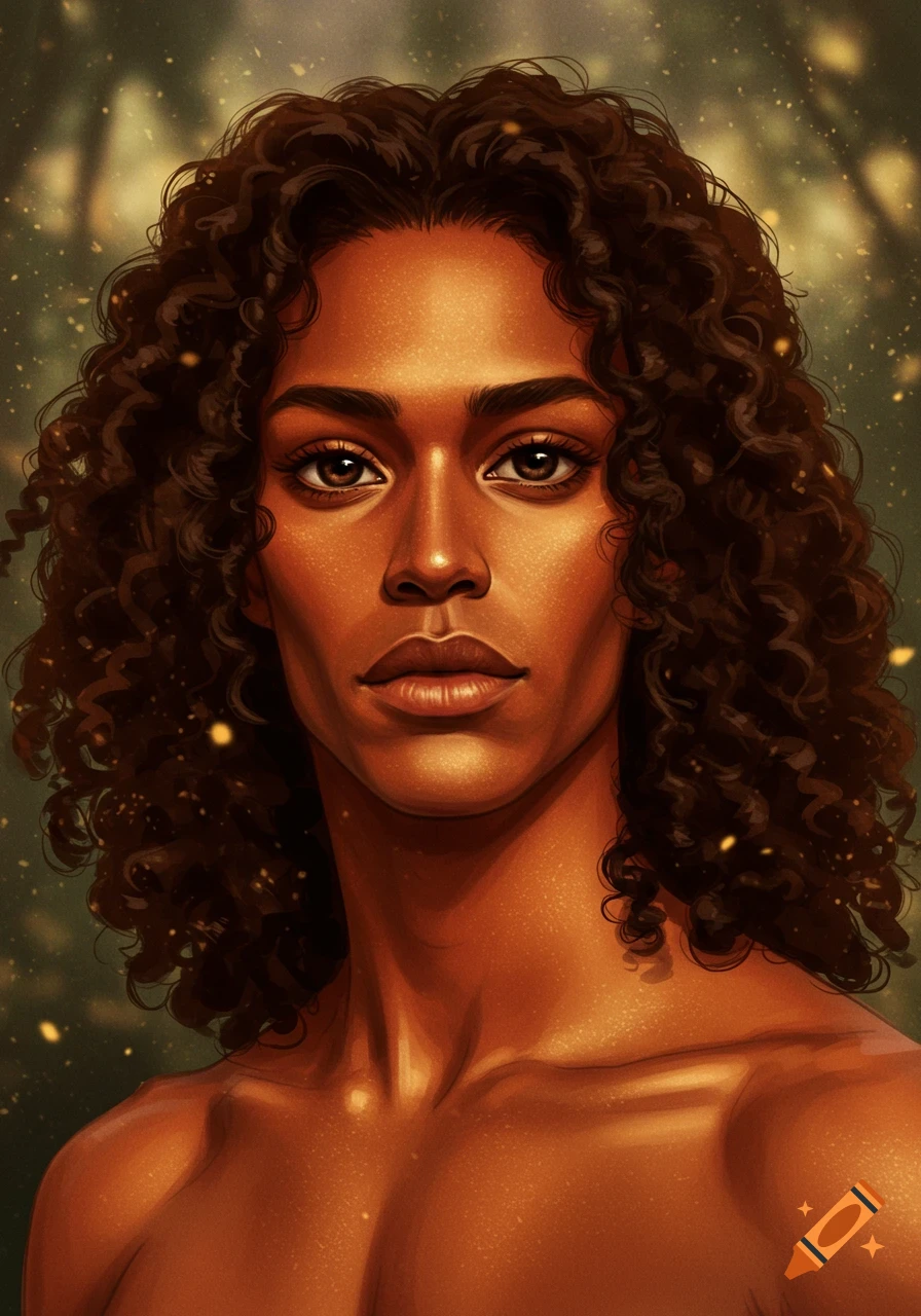 Artistic portrait of a person with dark curly hair and bronze skin, set against a dark, glowing fantasy background.