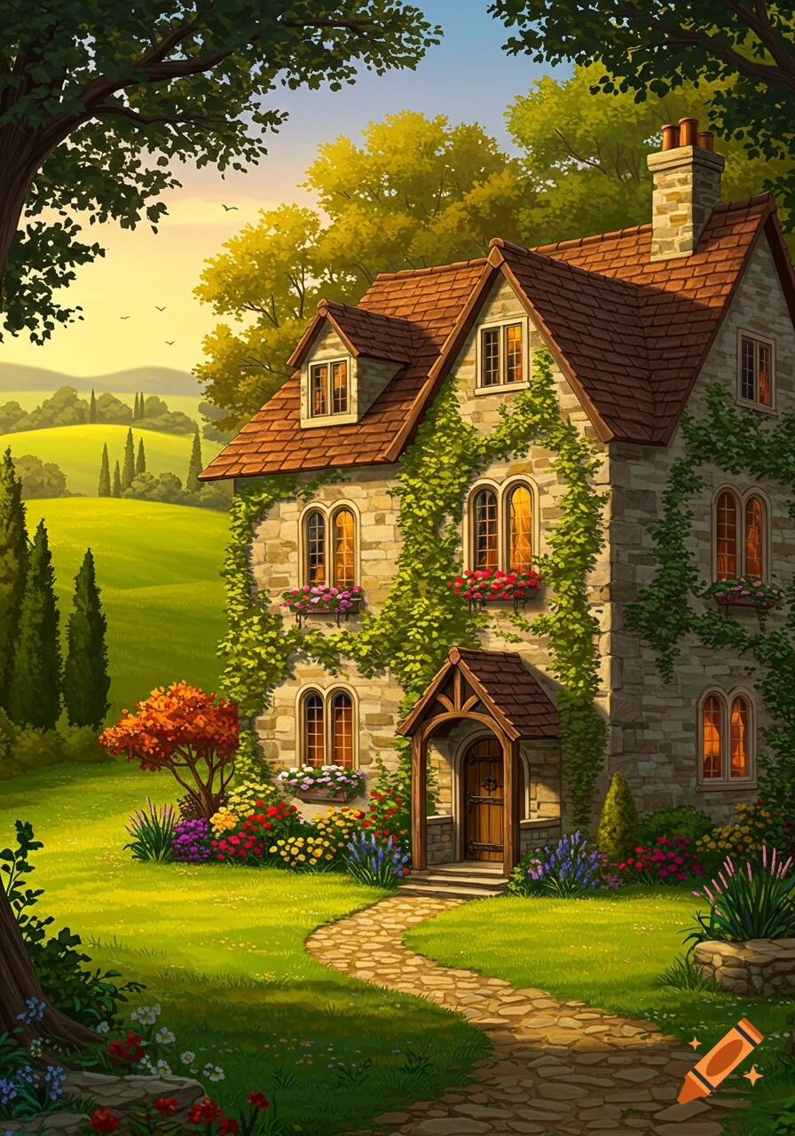 Vibrant illustration of a charming stone house covered in ivy, with a red roof, colorful gardens, and a winding path.