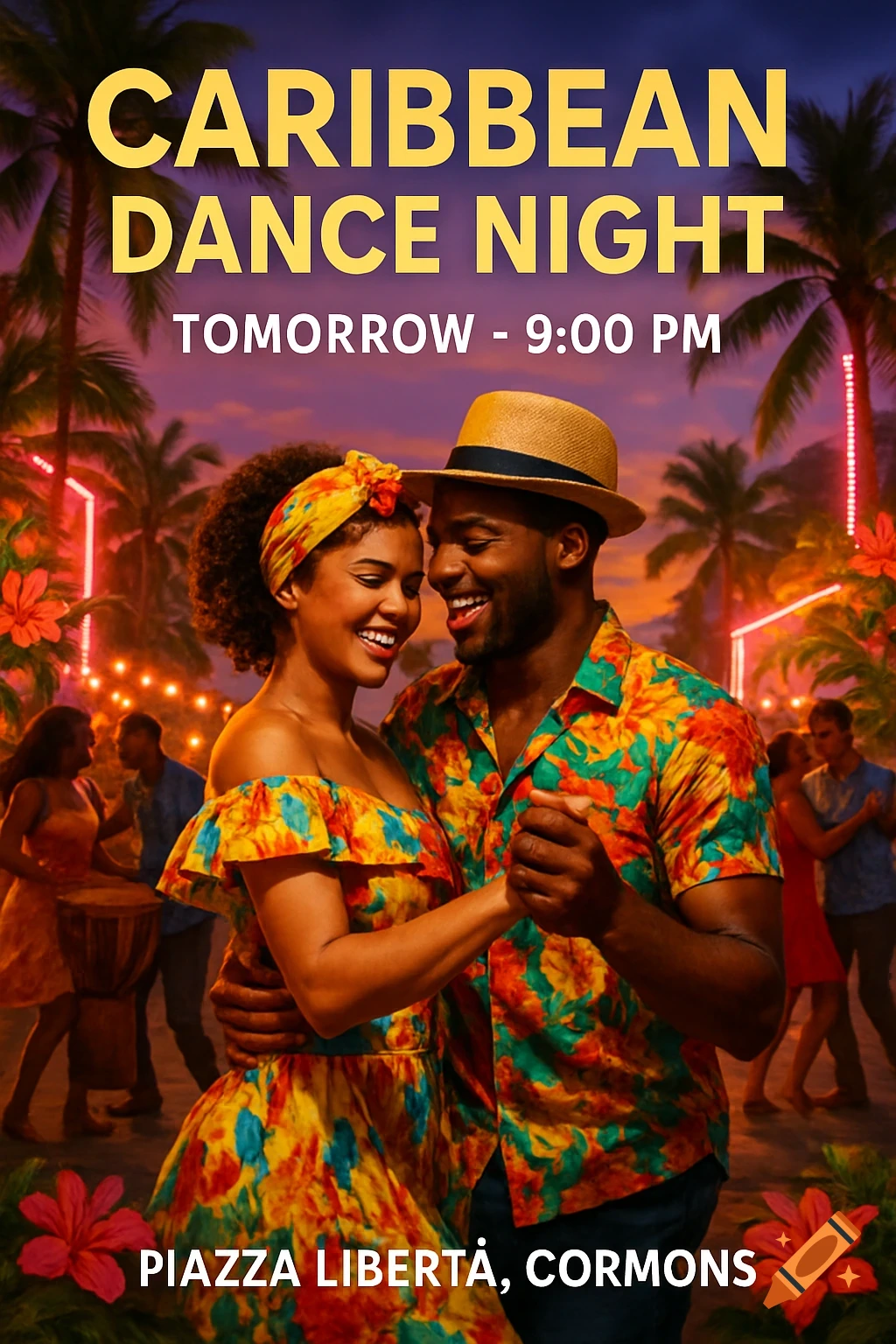 A vibrant event poster shows a smiling couple dancing at a Caribbean dance night under palm trees and lights. Text: "CARIBBEAN DANCE NIGHT"