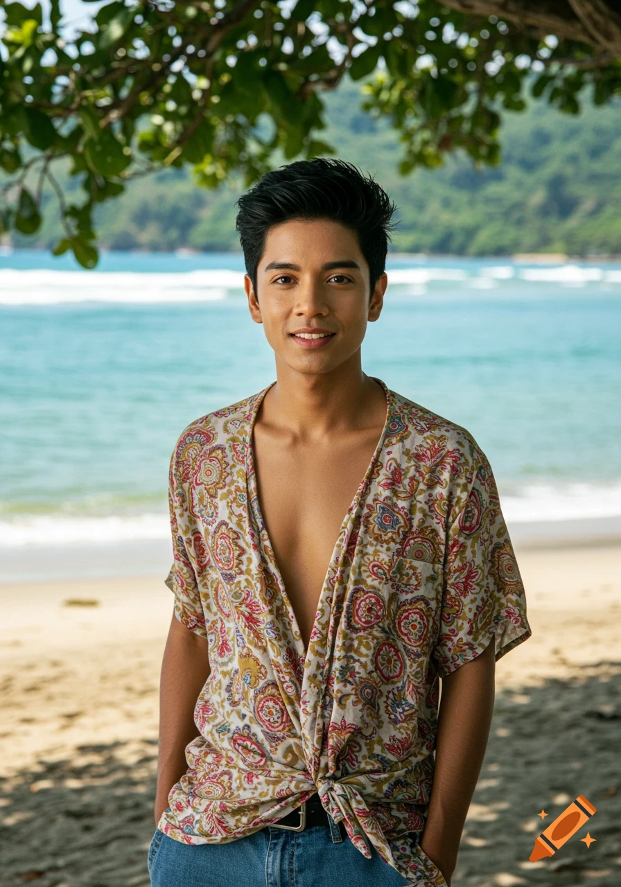 Photorealistic portrait of a smiling young man in an open patterned shirt and jeans, standing on a sandy beach with the ocean and green trees in the background.