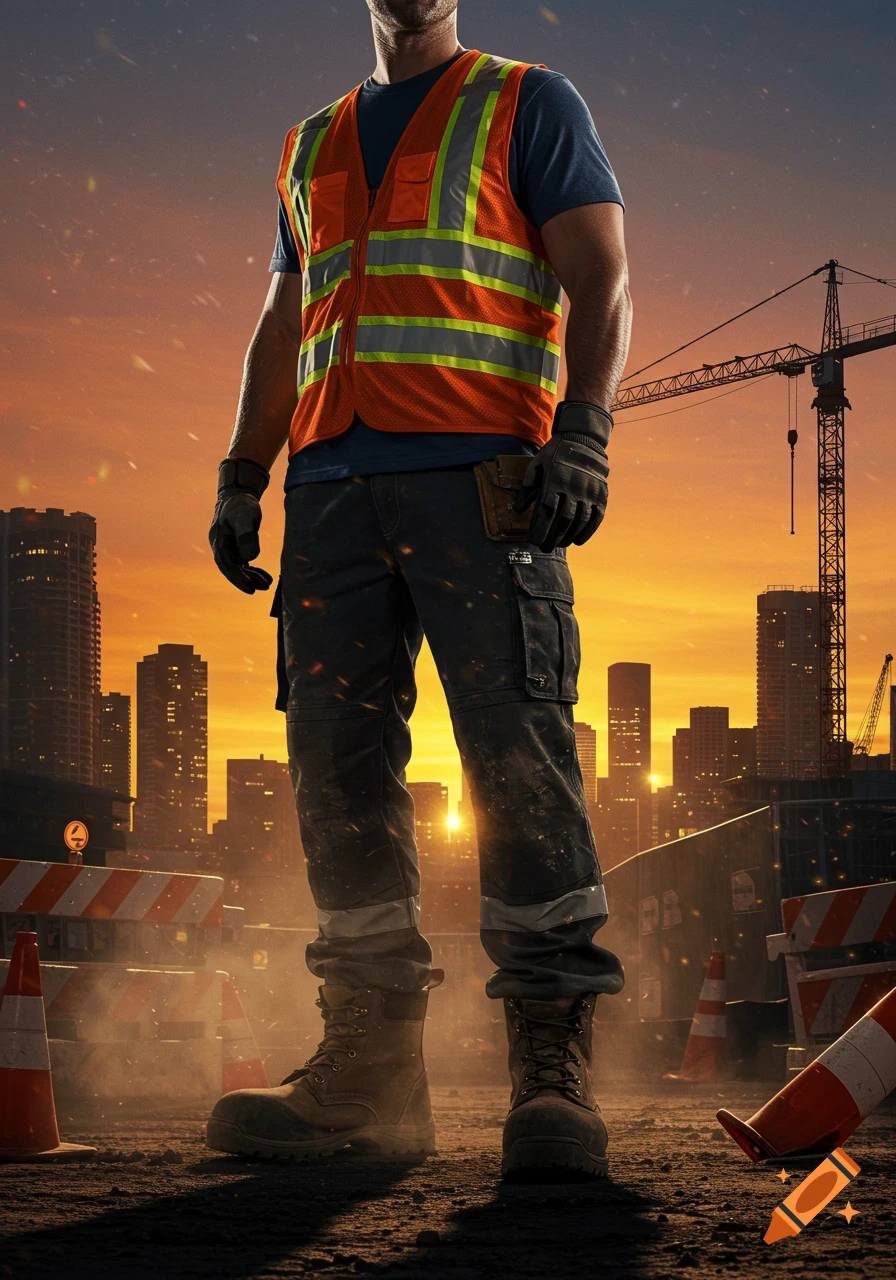 Photorealistic construction worker in reflective vest and boots at a construction site, city skyline at sunset.