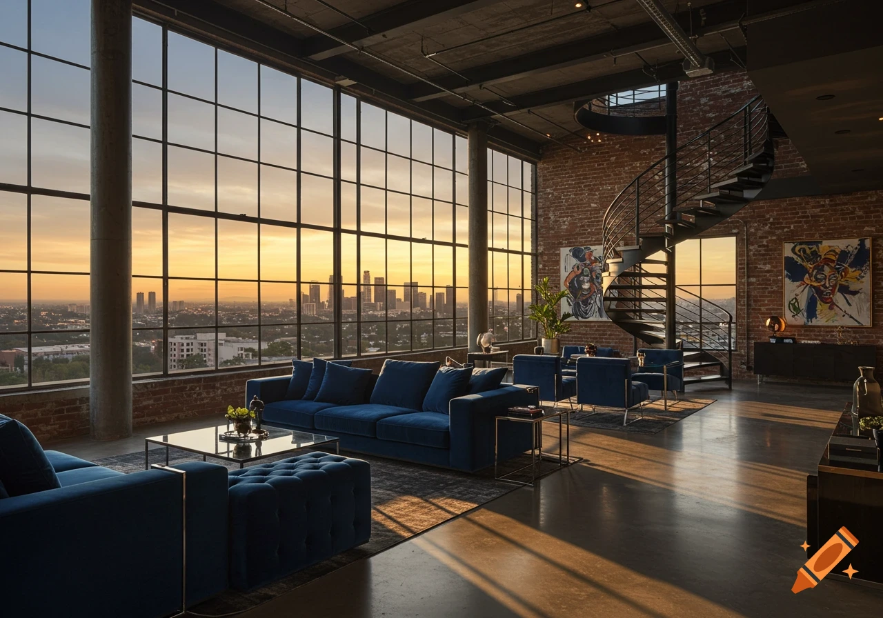 Modern loft living room with blue velvet sofas, a spiral staircase, exposed brick, and large windows overlooking a city skyline at sunset.