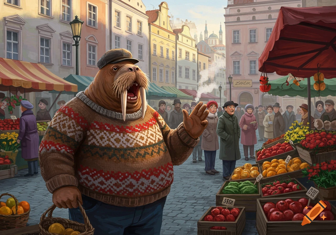 An anthropomorphic walrus man in a patterned sweater and cap yells, holding a basket, at a bustling European city market.