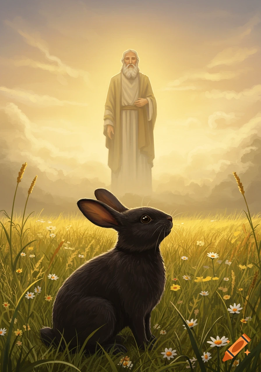 A black rabbit sits in a field of green and yellow grass with daisies, looking up at an ethereal, robed old man in a glowing sky.