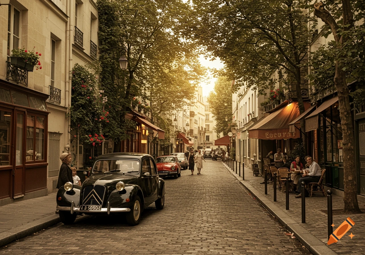 A vintage-style photograph of a bustling Parisian cobblestone street with classic cars, people, and cafes under warm sunlight.