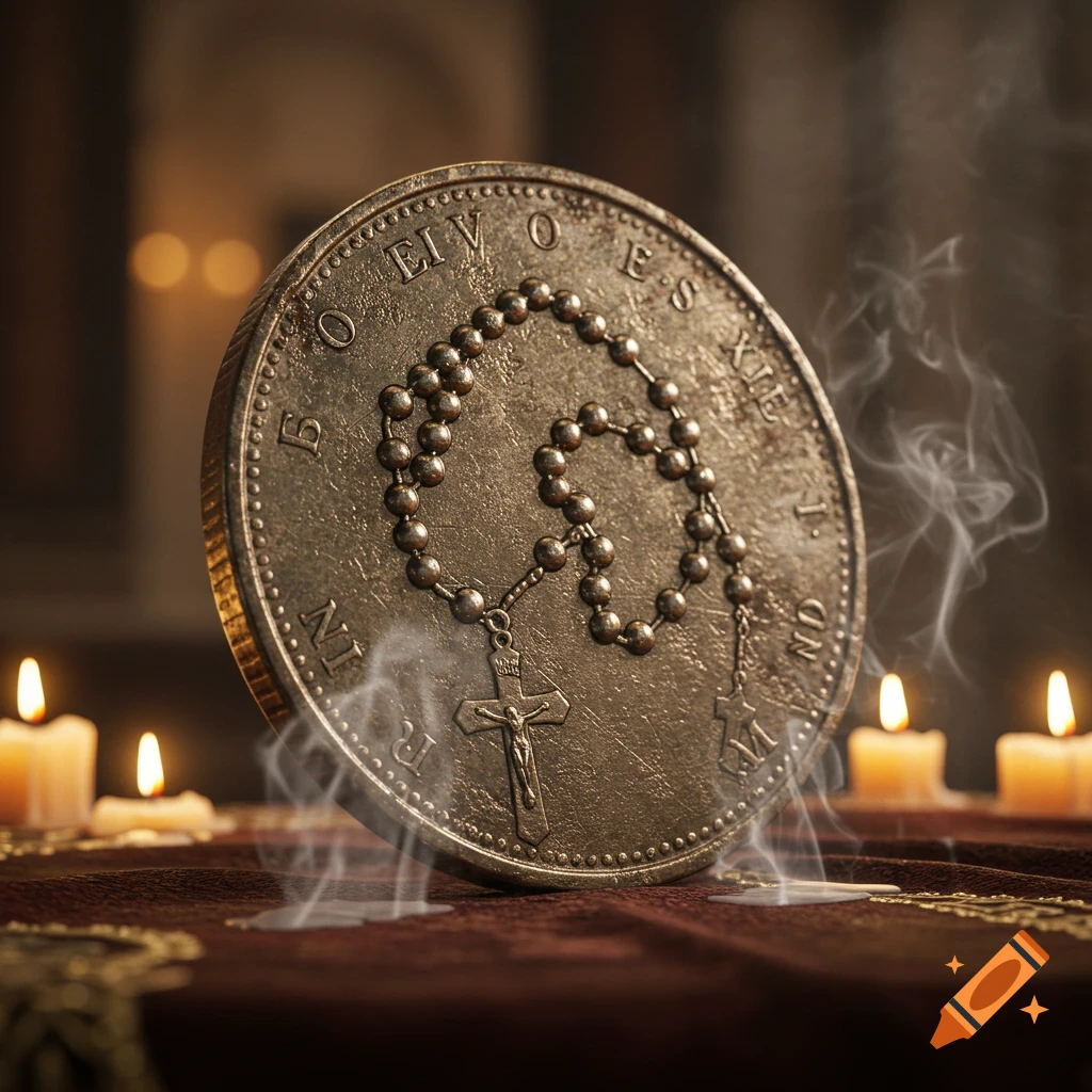 A close-up photorealistic shot of an old coin with a rosary draped on it, surrounded by lit candles and wisps of smoke.