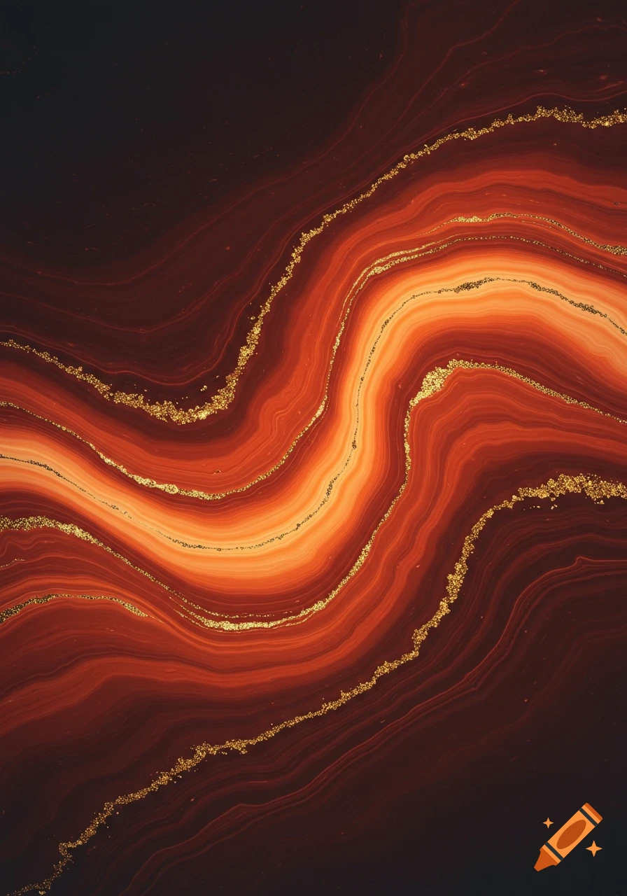 Abstract marbled pattern with swirling red, orange, and gold glitter lines.